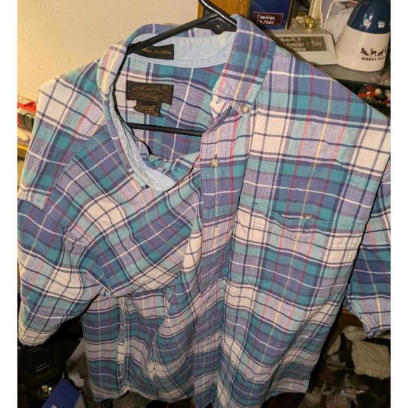 Vintage Eddie Bauer Flannel Plaid shirt WOMENS L Purple Teal Blue USA Made - Picture 1 of 6